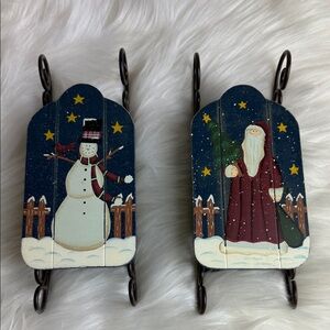 Festive Navy Snowman & Santa Mini Sled Ornaments
